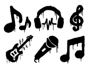 Grunge black music icons with guitar, instruments, notes, and audio elements. Urban spray stencil style. Isolated vector illustration © luqart97