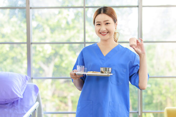 Portrait asian happy cheerful woman caregiver nurse career growth with pride smiling professional...