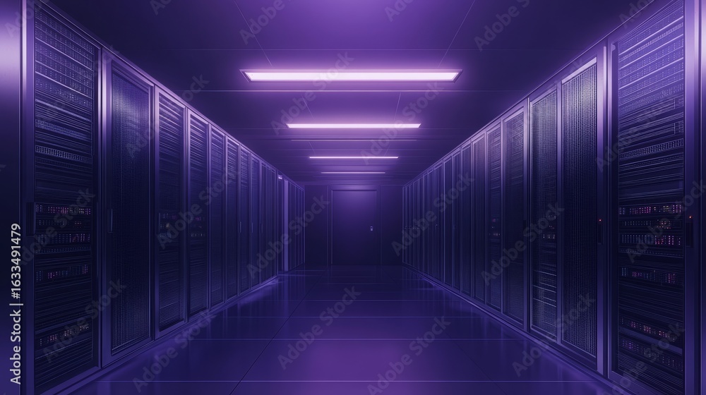 Poster modern data server center interior with rows of illuminated racks, high-tech digital hosting environ