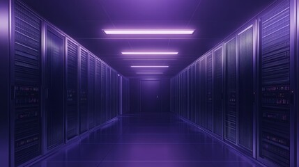 Modern data server center interior with rows of illuminated racks, high-tech digital hosting environment, and blue led network lights representing cloud computing, cybersecurity, and information techn