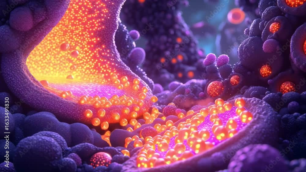 Aufkleber glowing orange and purple particles flow through vibrant organic microscopic structure creating dyna