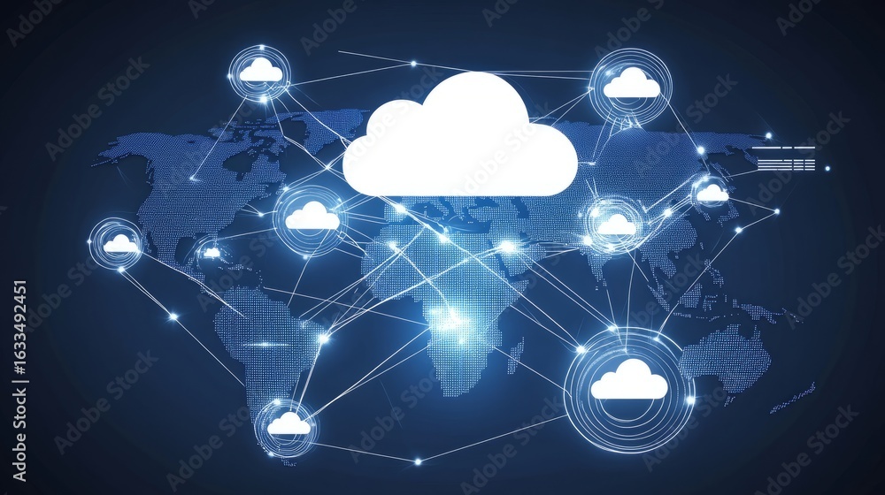 Poster data transfer and cloud computing technology concept with large central cloud icon featuring interna