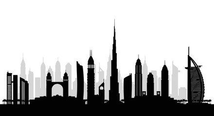 Naklejka premium Iconic Silhouette of a Modern City Skyline Featuring Tall Skyscrapers and Distinctive Architecture