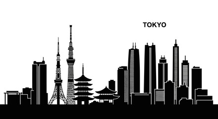 Obraz premium Black and white silhouette of the Tokyo city skyline. Vector illustration of the Japanese capital's urban landscape with iconic landmarks.