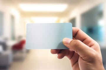 A close-up of a person's hands holding a health insurance card, with a doctor and a hospital room softly blurred in the background. A large, clean space in the foreground is reserved for text.