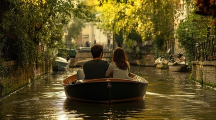 Obraz premium Couple in a small boat on a canal, autumnal scene. Sunlight filters through trees lining the waterway. View is from behind the boat