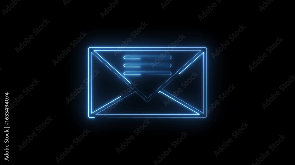Aufkleber glowing blue neon envelope icon with horizontal lines representing message content isolated on a bla