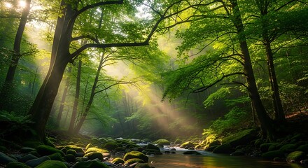 Obraz premium Morning sunbeams stream through the lush green canopy of a serene, ancient forest, illuminating a gentle river.