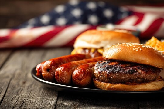 Closeup shot of hot dogs and burgers on a plate with the American flag in the background