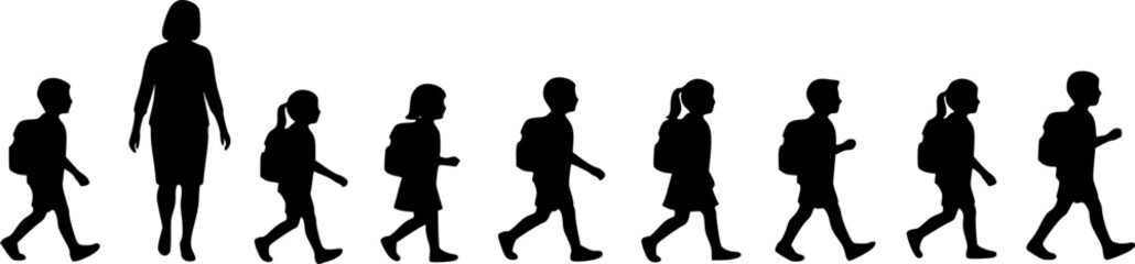 Teacher And Children Silhouette Walking Together In Orderly Line Art Style
