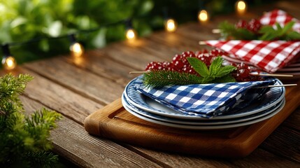 Outdoor dining setup with plates and napkins garden food presentation festive atmosphere close-up culinary delight
