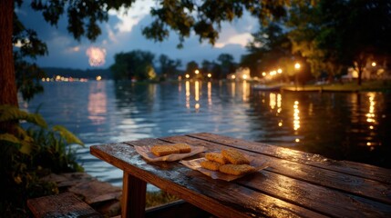 Evening picnic by the serene lake relaxing atmosphere with snacks tranquil water reflection nature view