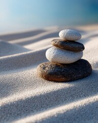 Zen stone stacking beach photography calm environment close-up view mindfulness concept