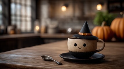 Halloween-themed drink cozy kitchen beverage photography rustic setting close-up whimsical concept for festive vibes