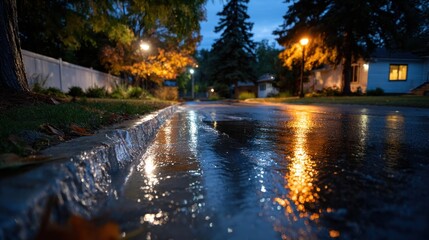 Rainy evening reflections suburban neighborhood photography serene atmosphere low angle tranquility in nature