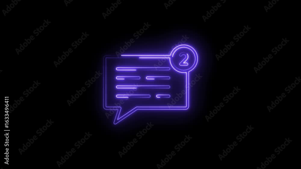 Poster glowing purple neon chat bubble icon with notification badge displaying number two isolated on black