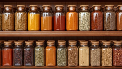Organized Spice Rack with Variety of Dried Herbs and Spices