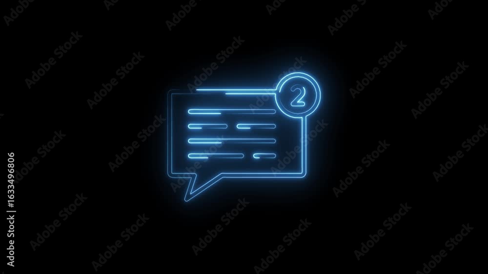 Poster glowing blue neon chat bubble icon with notification badge displaying number two isolated on black
