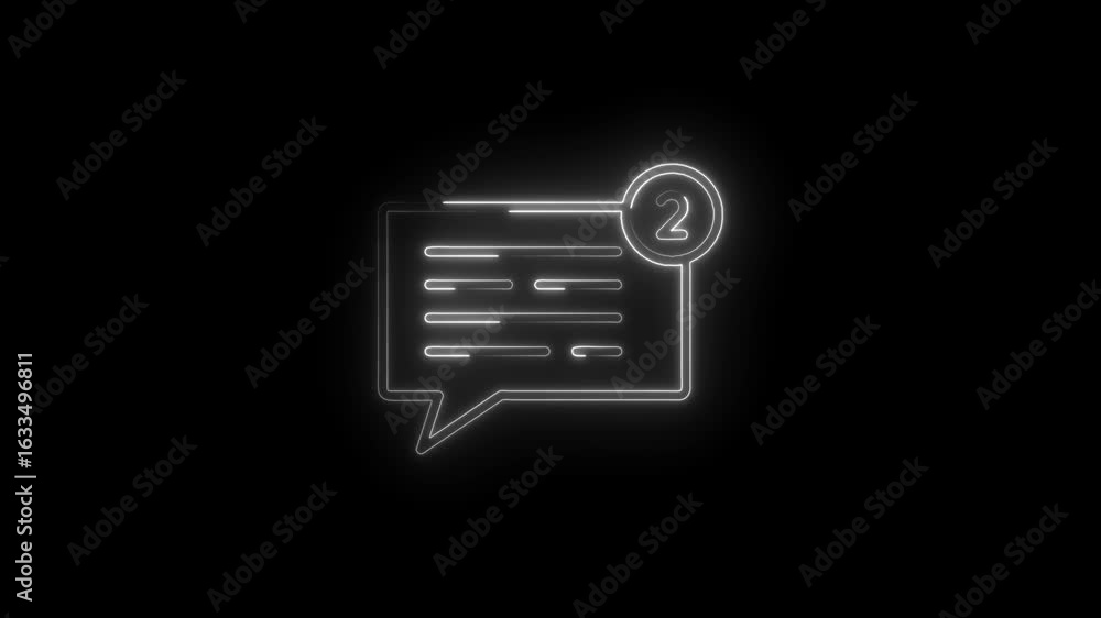 Poster glowing neon chat bubble icon with notification badge displaying number two on transparent black bac