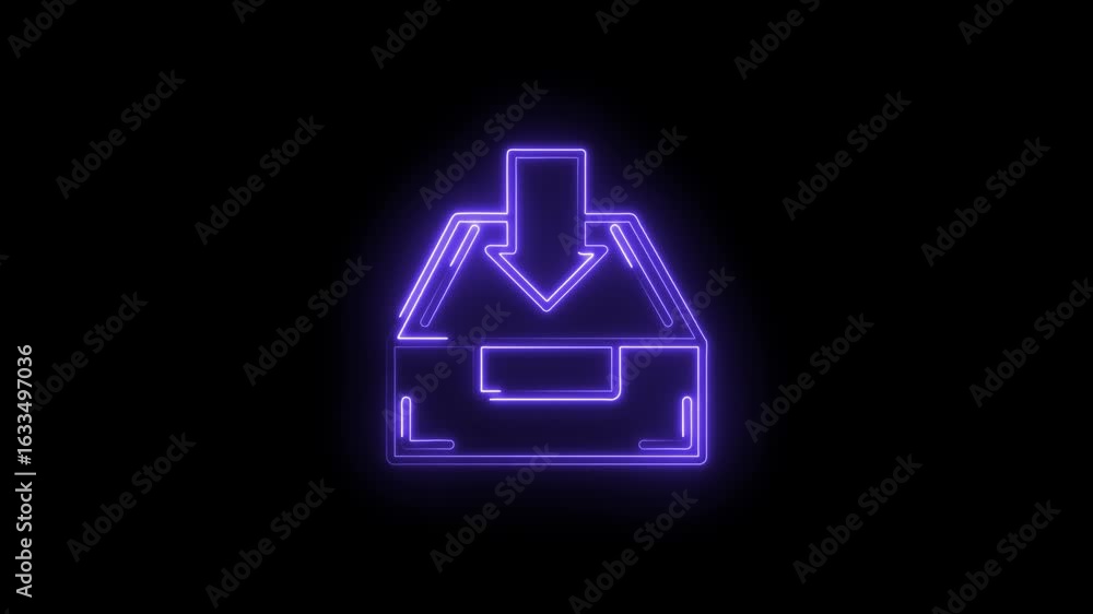 Poster glowing neon purple download icon with arrow entering a box isolated on black background symbolizing