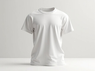 “Front view of a unisex cotton T-shirt mockup, placed on a flat surface, white background, soft natural lighting, fabric folds visible, photorealistic, perfect for online store display”