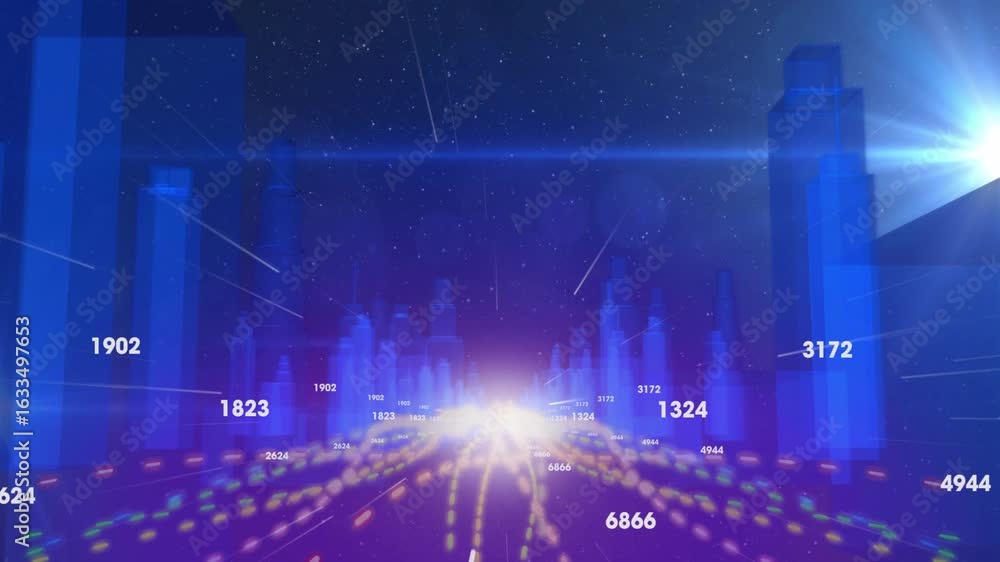 Poster horizon glow emerging on purple causing floating numbers streaming dot path and shifting data bars