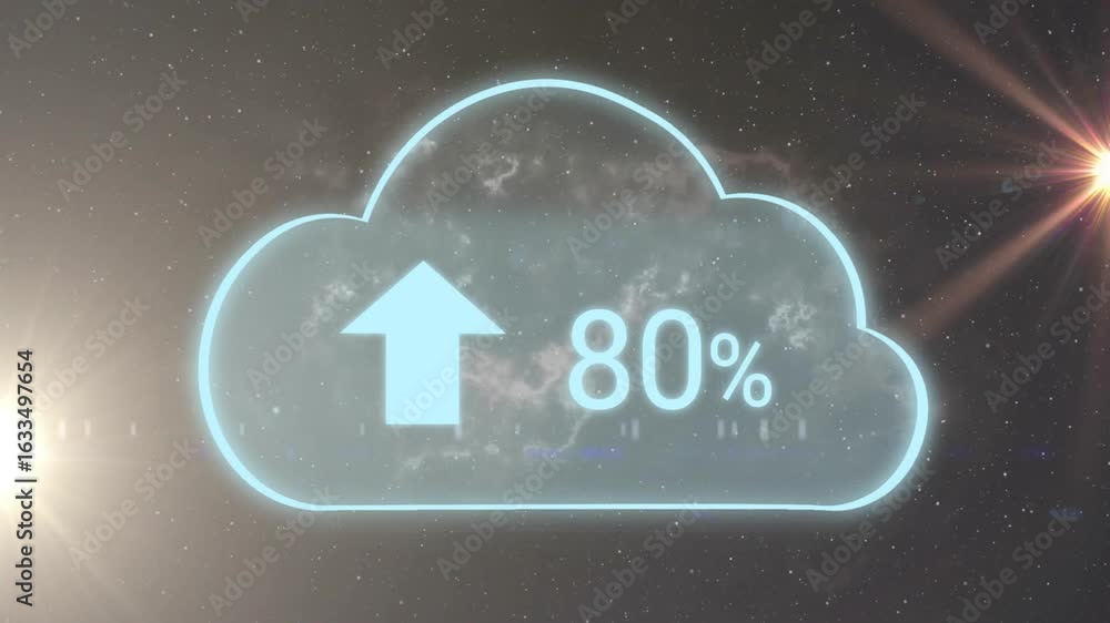 Poster glowing neon cloud icon appearing then counting percentage from 6% to 100% upload progress