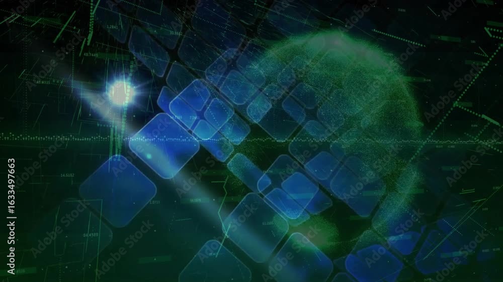 Poster dark digital space initiating blue square cluster rotating around green sphere, showing data flow