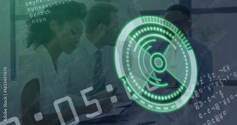 Poster business team scanning docs and nodding approval as countdown timer hud radar stabilizing review