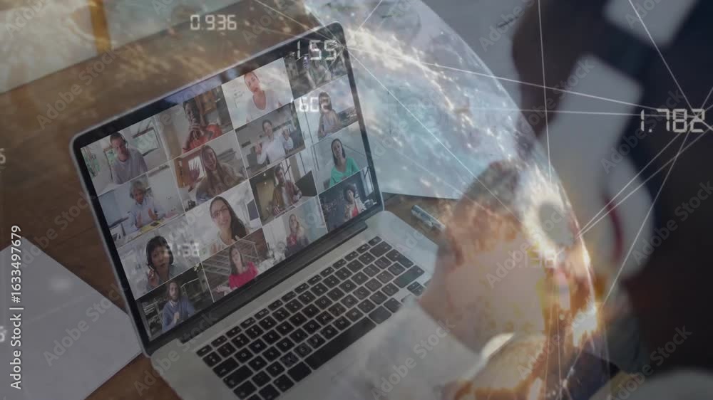 Poster business user pausing typing to write notes calling team in meeting while globe and data flickering