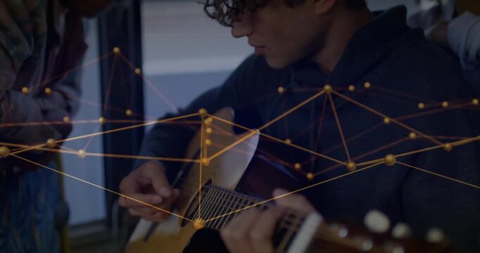 Guitar strumming sparking pullback, man adjusting frets as women guiding under network overlay