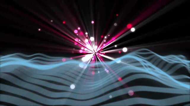 Light point emerging sparking waves undulating, pink rays radiating, visualizing starburst display