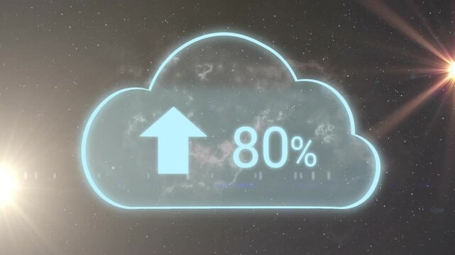 Glowing neon cloud icon appearing then counting percentage from 6% to 100% upload progress