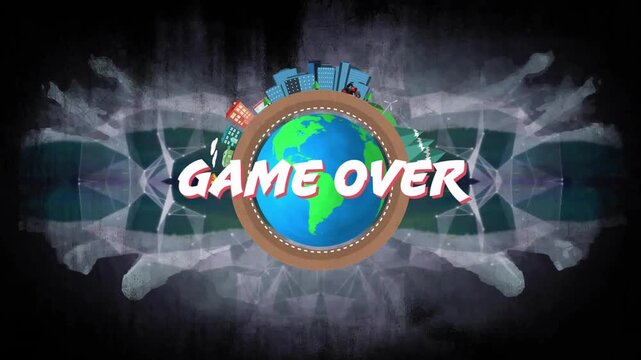 Game Over bursting in, globe emerging on roadway ring, city icons rotating, signaling game ending