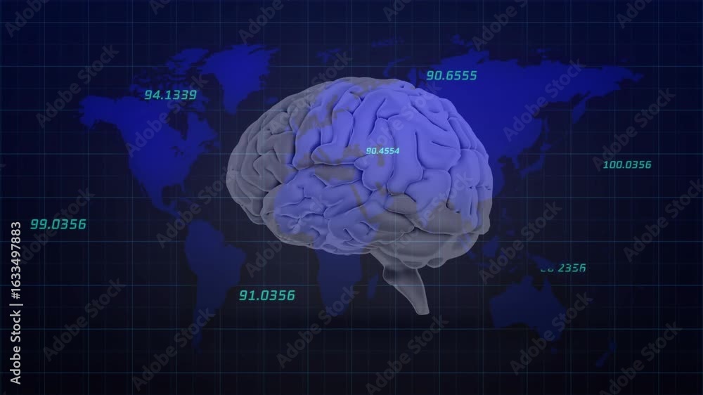 Poster at start transparent 3d brain rotating vertically showcasing anatomy with map grids and data labels