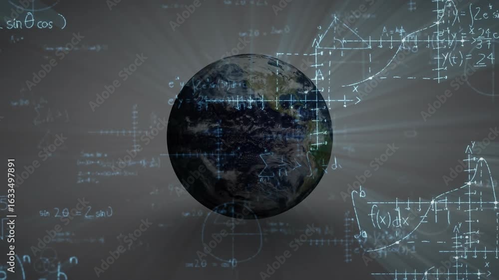 Leinwandbilder globe fading in initiating rotating 3d earth with drifting equations and beams visualizing math