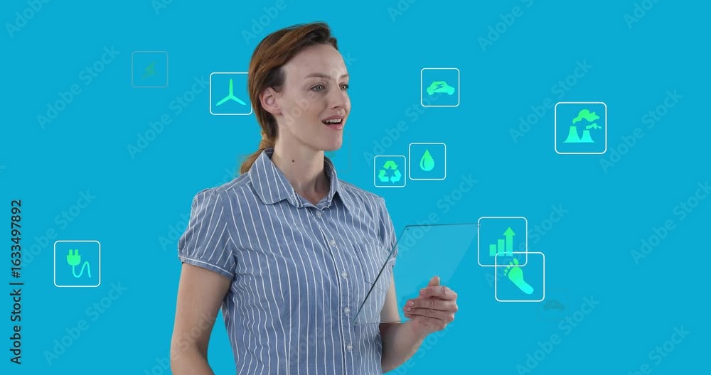 Poster woman tapping transparent panel and generating floating sustainable tech icons to show energy data