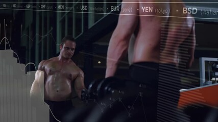 Finance charts overlay appearing in gym guiding shirtless man doing dumbbell curls syncing data - Powered by Adobe