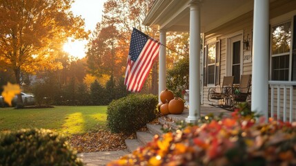 Autumnal home porch with American flag