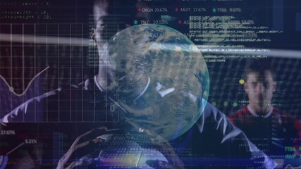 Soccer player holding ball initiating rotating globe drifting code and percentages in sports tech - Powered by Adobe