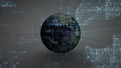 Globe fading in initiating rotating 3D Earth with drifting equations and beams visualizing math - Powered by Adobe