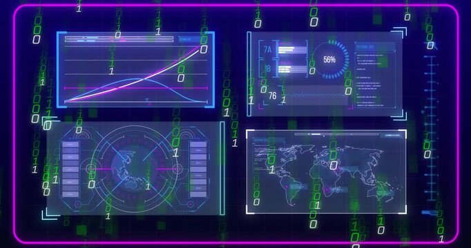 Upon launch neon UI streaming binary digits driving panels updating data and scanning geolocations