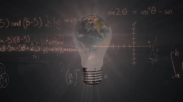 Fading lightbulb globe initiating chalking math formulas, graphs and diagrams for visualization