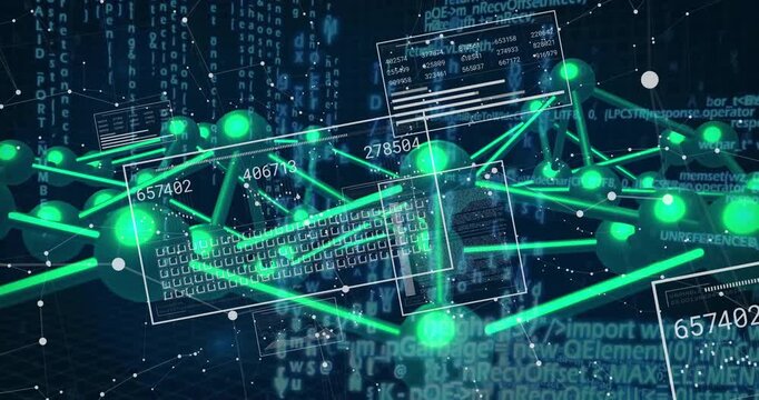 Quarter-turn initiating rotating green node mesh revealing linkages and updating numeric panels