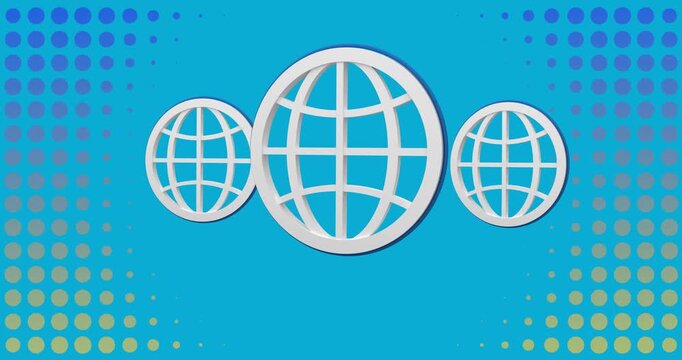 cyan-blue screen starting globe icons fading in orange ring growing shrinking halftone dots pulsing
