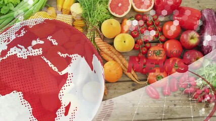 Opening red halftone globe rotating over food revealing pulsing BREAKING NEWS banner for update - Powered by Adobe