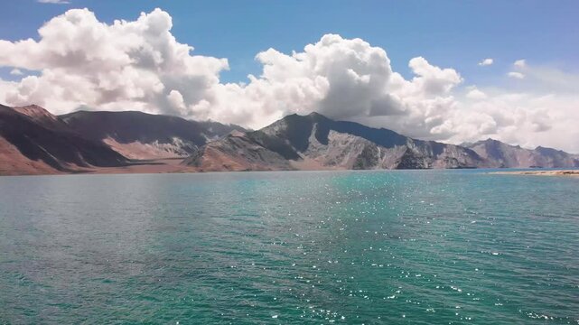 Drone view the breathtaking beauty of Pangong Lake with majestic mountains, Ladakh, India
