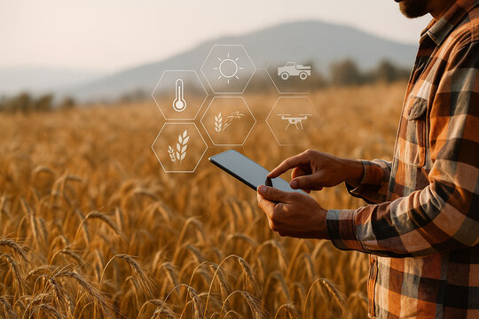 AI generated ultra realistic image of farmer using tablet in wheat field with digital overlay showing icons for smart agriculture weather monitoring and machine management in warm natural light