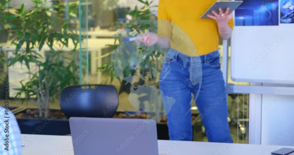Poster female presenter entering business meeting picking marker pointing charts on board explaining data