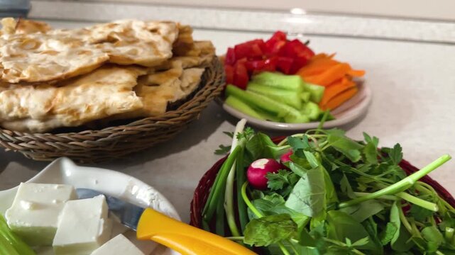 Lor cheese feta Denmark breakfast Scandinavian lifestyle Swedish omelet healthy tasty delicious nutritious bread tomato cucumbers herb walnut Persian traditional fresh vegetable morning dishes sangak